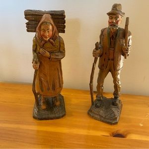 Antique German Black Forest Couple Woman Carrying Fire Wood and Man With Axe